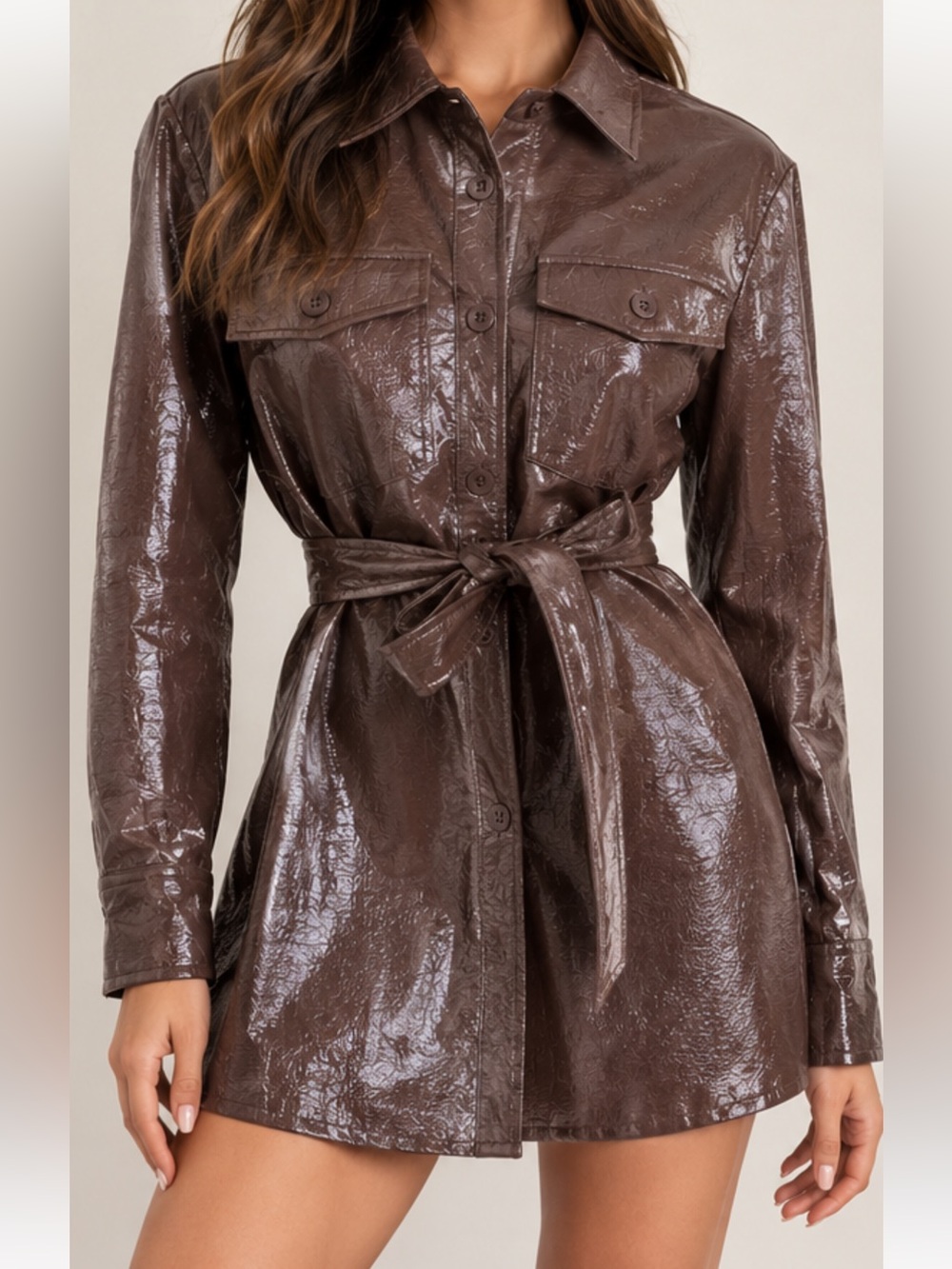 Aritzia Babaton Faux Leather Belted Shirt Jacket Chocolate Brown